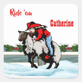 Western Rodeo Cowgirl Kid Mutton Buster Weihnachte Quadratischer Aufkleber