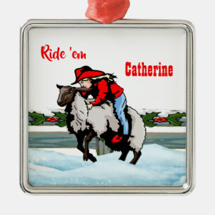 Western Rodeo Cowgirl Kind Mutton Buster Weihnacht Ornament Aus Metall