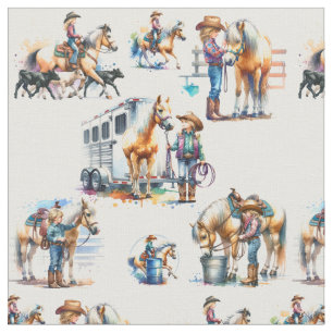 Western Rodeo Kleine Cowgirl und Palomino Pferd Stoff