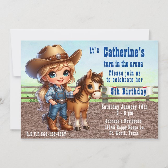 Western Rodeo Kleines Cowgirl mit Pferd Geburtstag Einladung (Vorderseite)