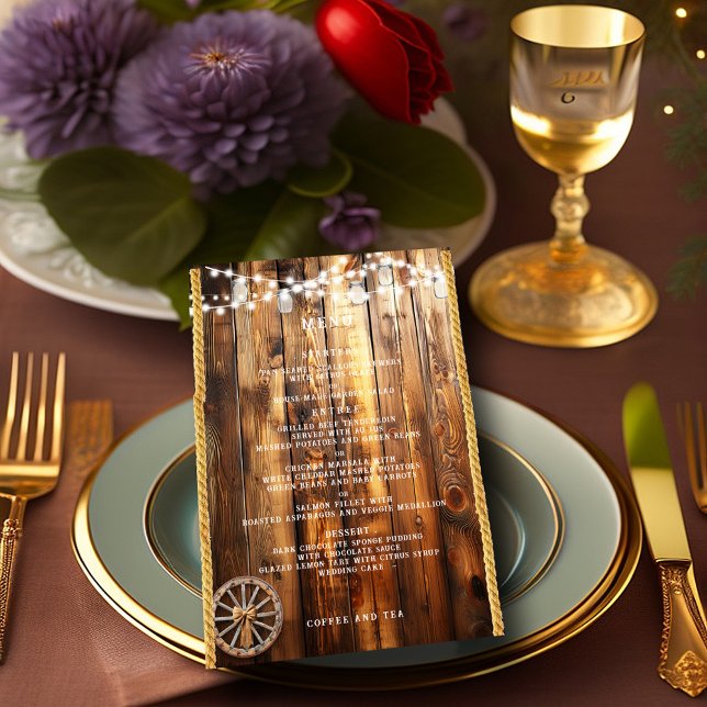 Western Rope Wagon Wheel Mason Jar String Lights Menükarte (Von Creator hochgeladen)