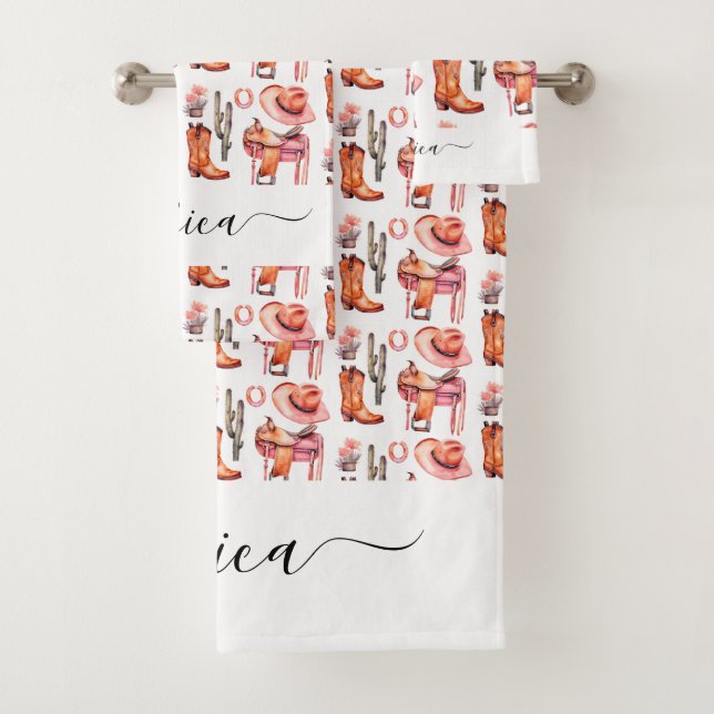 Western Rosa-Orange-Cowgirl-Skriptname Badhandtuch Set (Insitu)