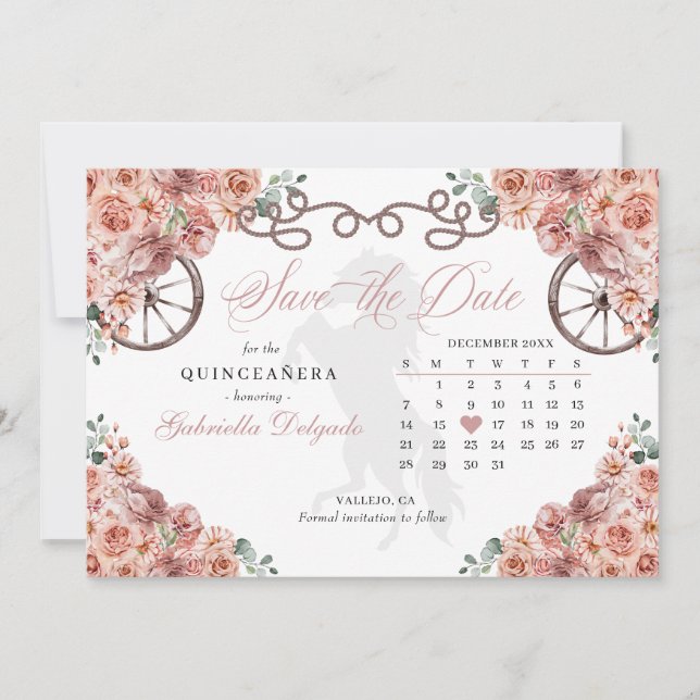 Western Rose Gold Charro Quinceañera Save the Date Einladung (Vorderseite)