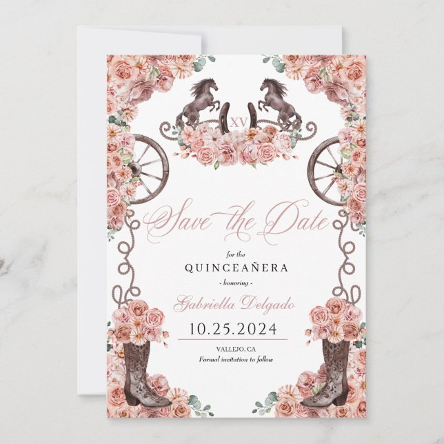 Western Rose Gold Charro Save the Date Quinceañera Einladung (Vorderseite)