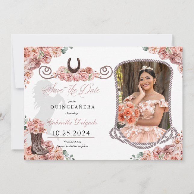 Western Rose Gold Quinceañera Save the Date Foto Einladung (Vorderseite)
