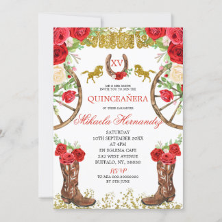 Western Rote Rose Charra Quinceanera Einladung