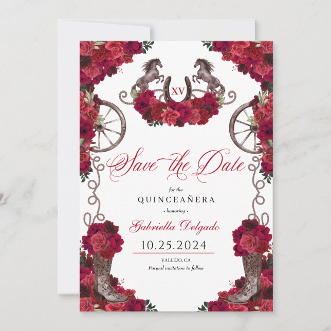 Western Rote Rosen Charro Save the Date Quinceañer Einladung (Vorderseite)