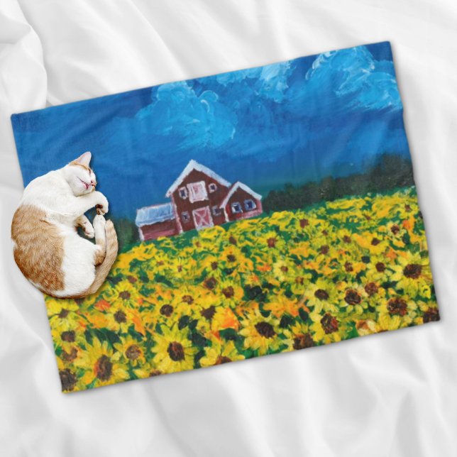 Western Roter Stall Sommer Sonnenblumenfeld Fleecedecke (western country red barn summer sunflower field fleece blanket)