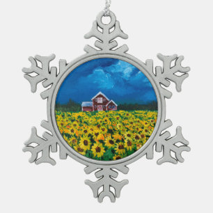 Western Roter Stall Sommer Sonnenblumenfeld Schneeflocken Zinn-Ornament