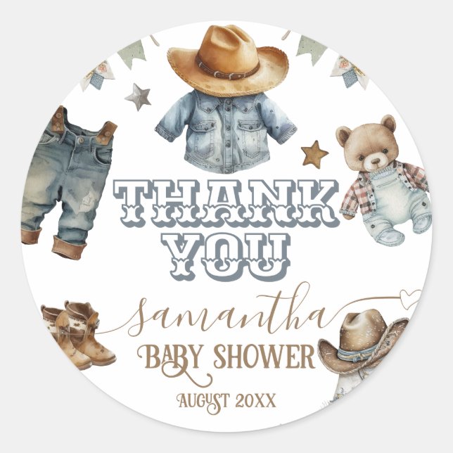 Western Rustic Boho Kleine Cowboy Babydusche Runder Aufkleber (Vorderseite)