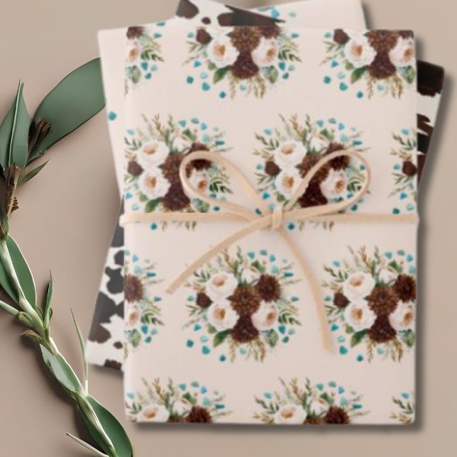 Western Rustic Boho Wildblume Türkis Stones Geschenkpapier Set (Western Rustic Boho Wildflower Turquoise Stones Wrapping Paper Sheets)