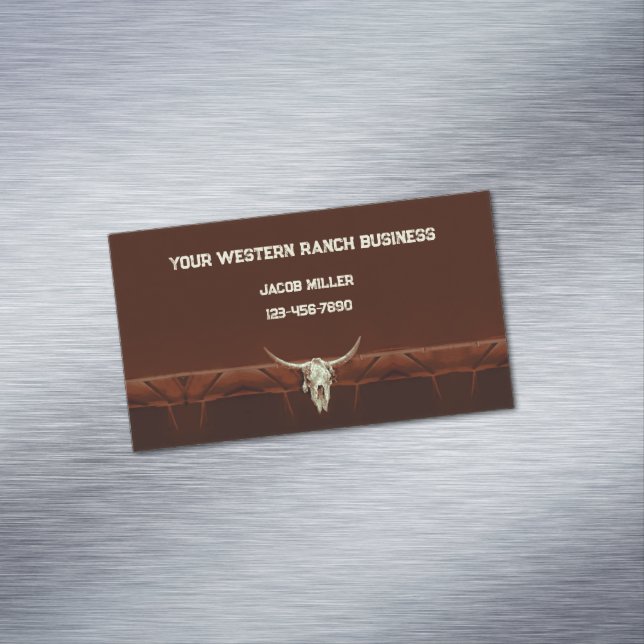 Western Rustic Brown Bull Skull Country Rodeo Magnetische Visitenkarte (Beispiel)
