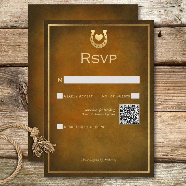 Western Rustic Horseshoe Brown & Gold QR Code RSVP Karte (Western Rustic Horseshoe Brown & Gold QR Code RSVP Card)