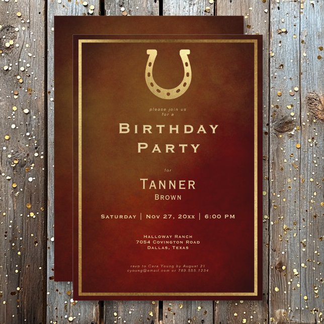 Western Rustic Horseshoe Burgundy Gold Geburtstag Einladung (Western Rustic Horseshoe Burgundy Gold Birthday Invitation)