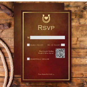 Western Rustic Horseshoe Burgundy & Gold QR Code RSVP Karte