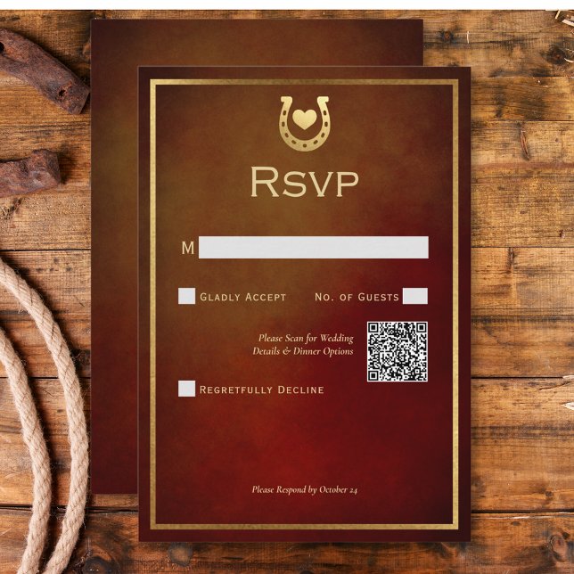 Western Rustic Horseshoe Burgundy & Gold QR Code RSVP Karte (Western Rustic Horseshoe Burgundy & Gold QR Code RSVP Card)