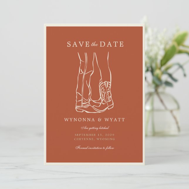 Western Rustic Modern Cowboy Boots Photo  Save The Date (Stehend Vorderseite)
