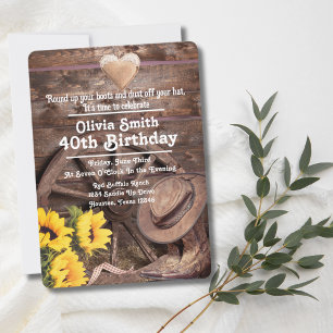 Western Rustic Sunflower Boot Hat 40. Geburtstag Einladung