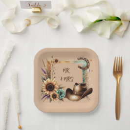 Western Rustic Wedding Mr & Mrs. 7 Inch Square Pappteller