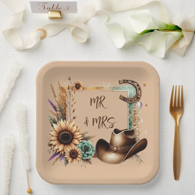 Western Rustic Wedding Mr. & Mrs. 9 Inch Square Pappteller (Hochzeit)