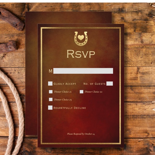 Western Rustikale Hufeisen Burgundy & Gold Dinner RSVP Karte (Western Rustic Horseshoe Burgundy & Gold Dinner RSVP Card)