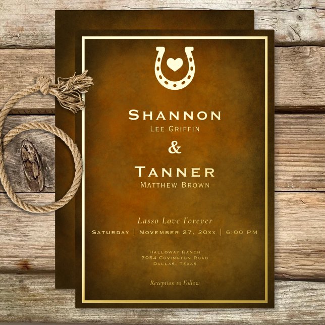 Western Rustikale Hufeisenblütenhochzeit Folieneinladung (Western Rustic Horseshoe Heart Brown Gold Wedding Foil Invitation)
