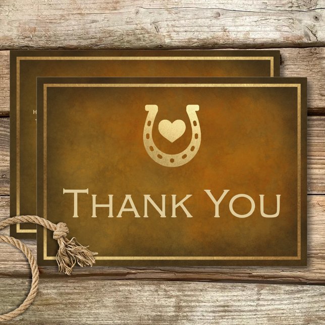 Western Rustikale Hufeisenbraun- und Goldhochzeit Dankeskarte (Western Rustic Horseshoe Brown & Gold Wedding Thank You Card)
