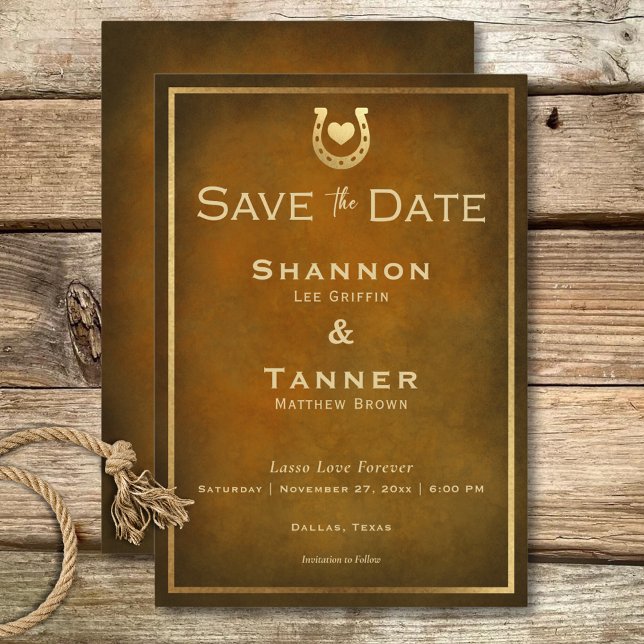 Western Rustikale Hufeisenbraun- und Goldhochzeit Save The Date (Western Rustic Horseshoe Brown & Gold Wedding Save The Date)