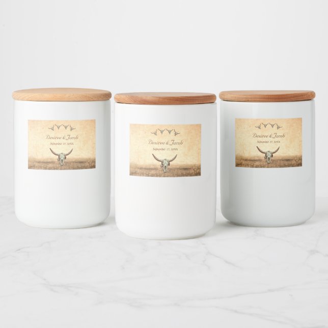 Western Rustikaler Hochzeitskuhschädel Lebensmitteletikett (Flaschen)