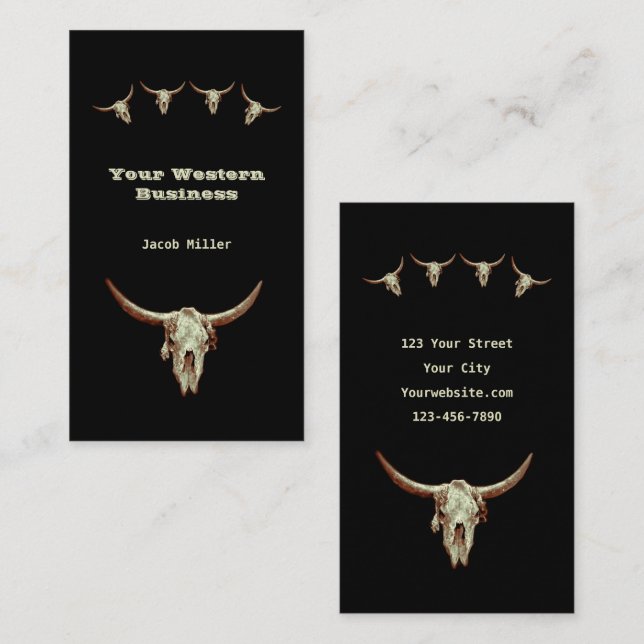 Western Rustikaler schwarzer Cowboy Bull Skull Visitenkarte (Vorne/Hinten)