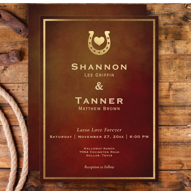 Western Rustikales Horseshoe Herz Burgund & Gold Einladung (Western Rustic Horseshoe Heart Burgundy & Gold Invitation)