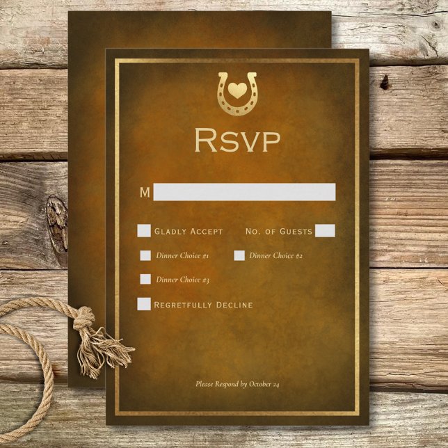 Western Rustikales Hufeisen Brown & Gold Dinner RSVP Karte (Western Rustic Horseshoe Brown & Gold Dinner RSVP Card)