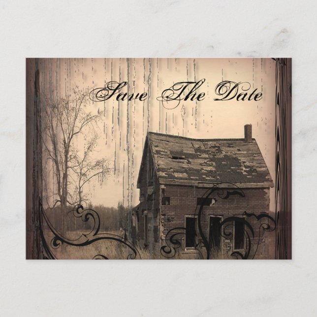 Western Rustikales Landhaus Save the Date Hochzeit Ankündigungspostkarte (Vorderseite)