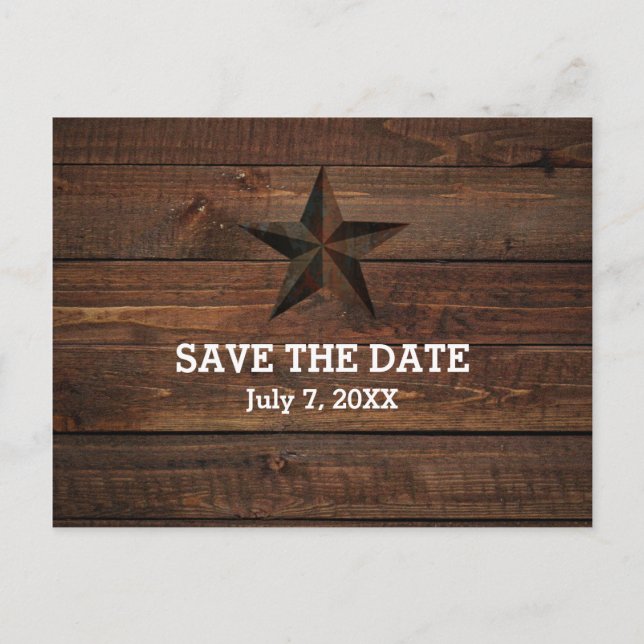 Western Rusty Star Wood Rustikal Save the Date Ankündigungspostkarte (Vorderseite)