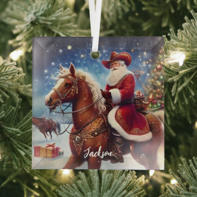 Western Santa Claus Reiten Ornament Aus Glas (Insitu)