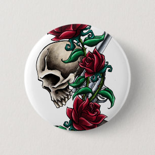 Western-Schädel mit Roten Rosen und Button