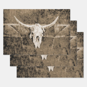 Western Sepia Brown Texture Cowboy Bull Skull Geschenkpapier Set