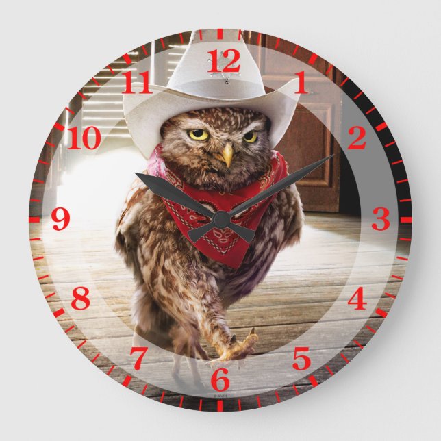 Western Sheriff Owl mit Attitude & Swagger Große Wanduhr (Vorderseite)