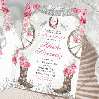 Western Silver Pink Roses Charra Quinceañera Einladung