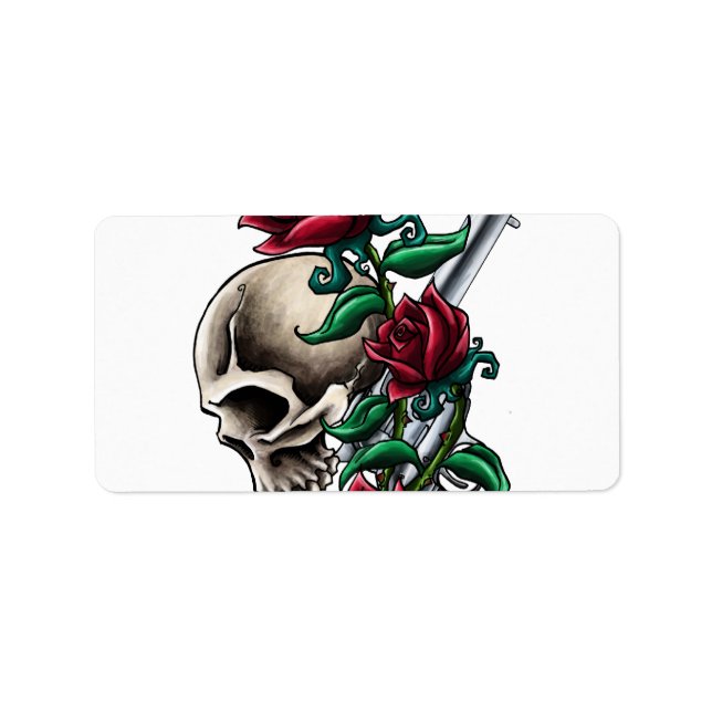 Western Skull mit Rote Rosen und Revolver Pistole Adressaufkleber (Vorne)