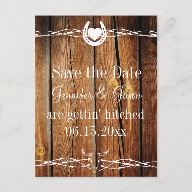 Western Stacheldraht Holz Save the Date Postkarten (Vorderseite)
