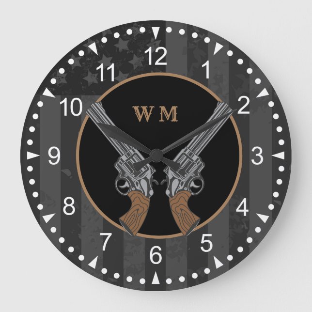 Western-Stil überquert Gewehre mit Monogramm Große Wanduhr (Vorderseite)