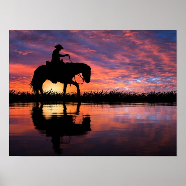 Western Sunset Cowboy on Horseback Big Sky Poster (Vorne)