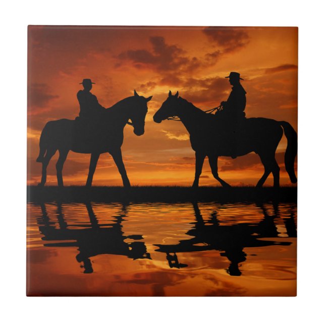 Western Sunset Horseback Riding Cowboy Silhouette Fliese (Vorderseite)