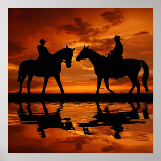 Western Sunset Horseback Riding Cowboy Silhouette Poster (Vorne)