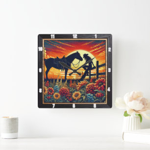 Western-Szene - Pferd, Reiter, Sonnenuntergang Quadratische Wanduhr