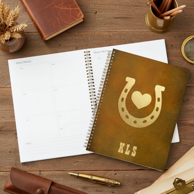 Western-Thema Horseshoe Brown & Gold Monogram Planer (Von Creator hochgeladen)