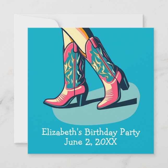 Western Theme Cowgirl Boots Girl Birthday Party Einladung (Vorderseite)