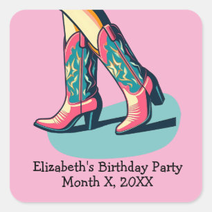 Western Theme Cowgirl Boots Girl Birthday Party Quadratischer Aufkleber