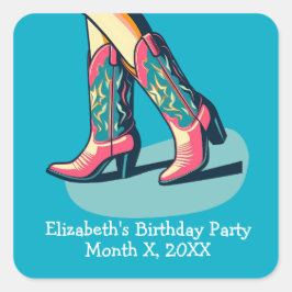 Western Theme Cowgirl Boots Girl Birthday Party Quadratischer Aufkleber